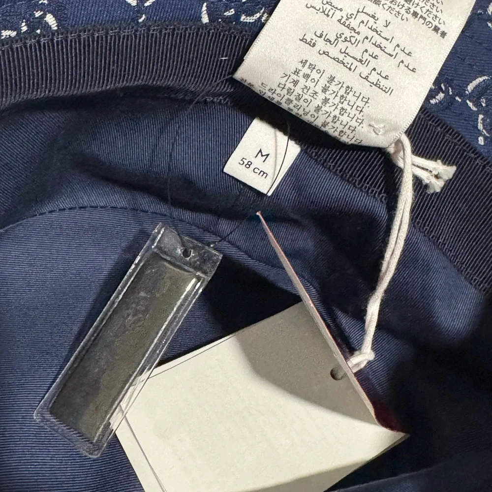 Gucci Navy Monogram Pattern Bucket Hat with Red Label: Size M, 58cm